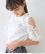 Children's Off-the-shoulder Puff Sleeve Heart Logo Top T-shirt