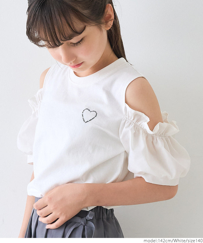 Children's Off-the-shoulder Puff Sleeve Heart Logo Top T-shirt