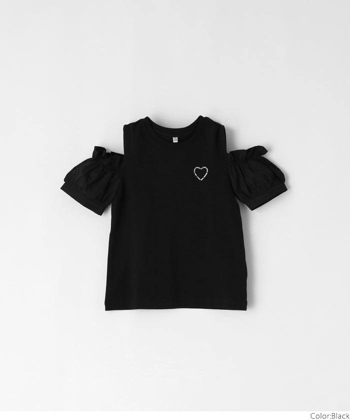 Children's Off-the-shoulder Puff Sleeve Heart Logo Top T-shirt