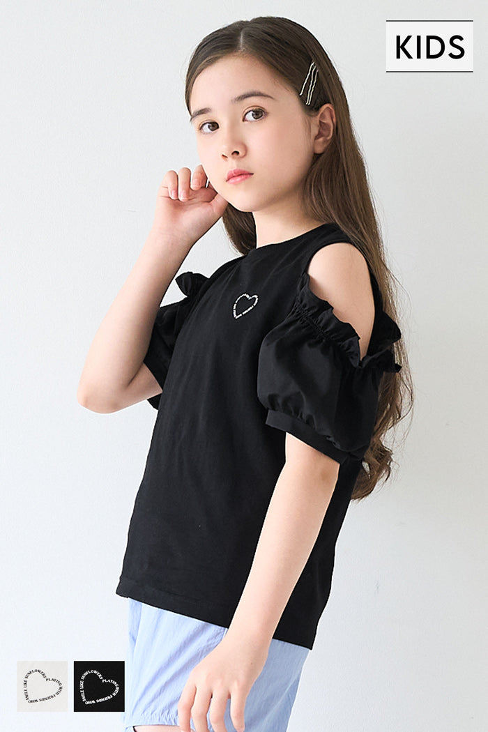 Children's Off-the-shoulder Puff Sleeve Heart Logo Top T-shirt