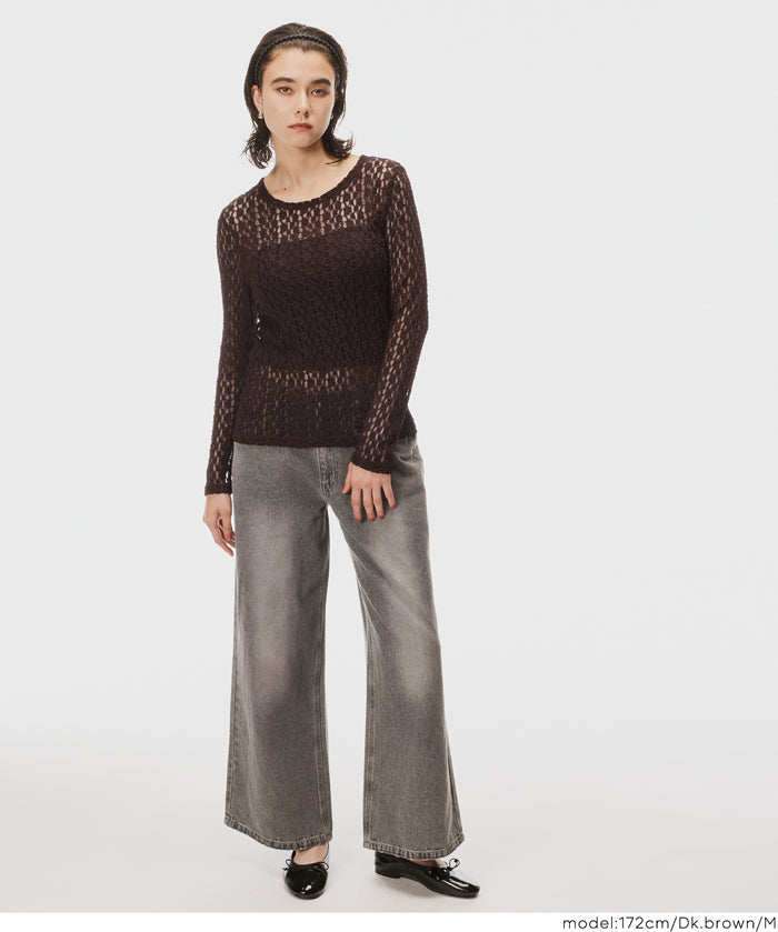 Elastic Floral Lace Sheer Long Sleeve Top