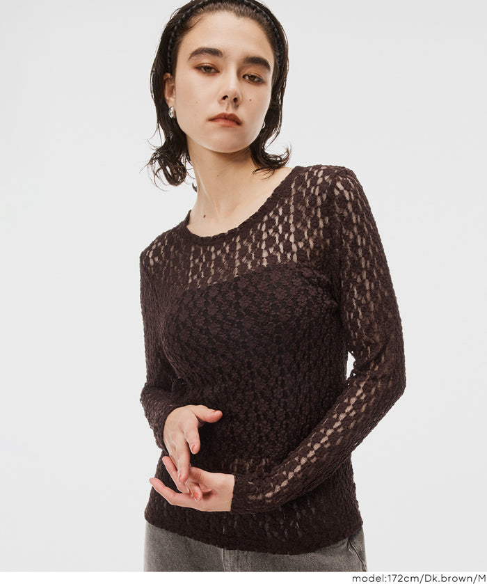 Elastic Floral Lace Sheer Long Sleeve Top