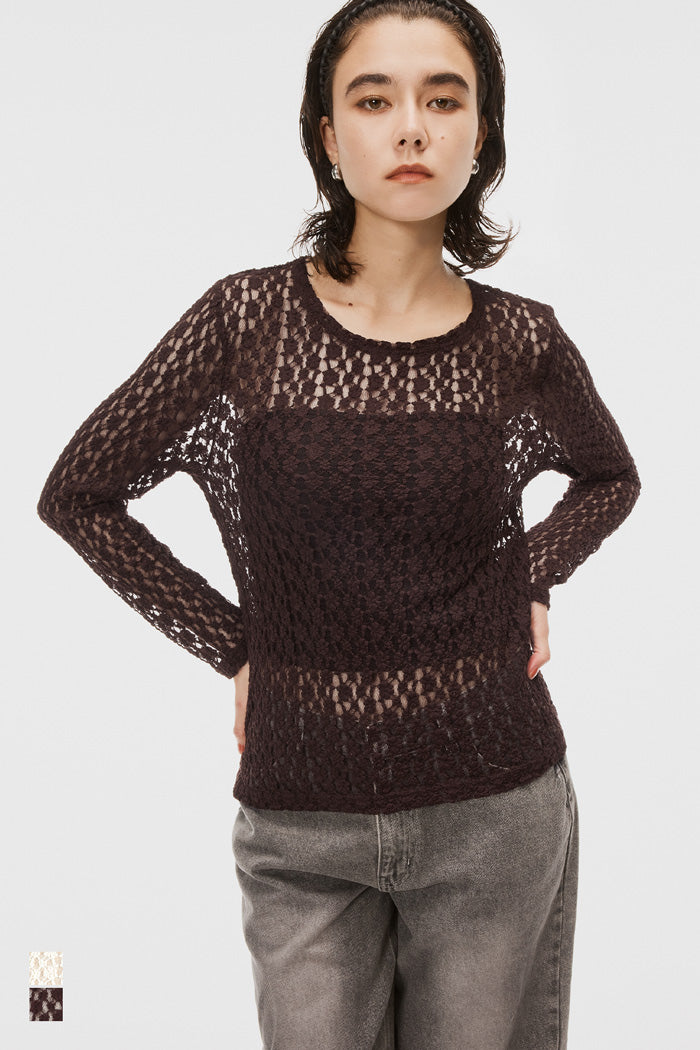 Elastic Floral Lace Sheer Long Sleeve Top