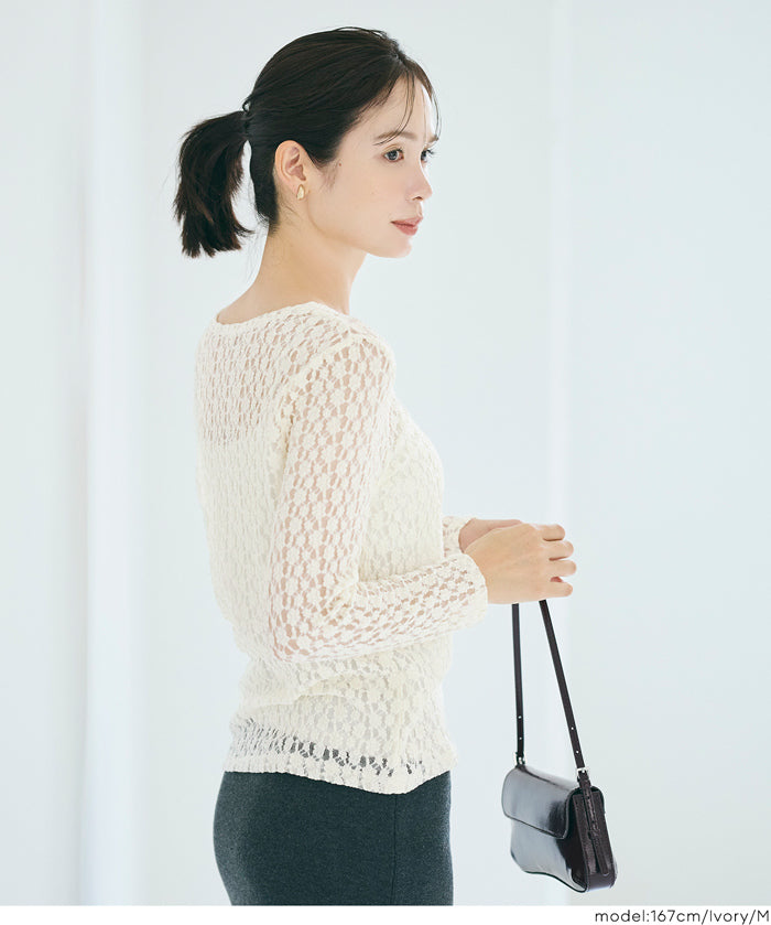 Elastic Floral Lace Sheer Long Sleeve Top