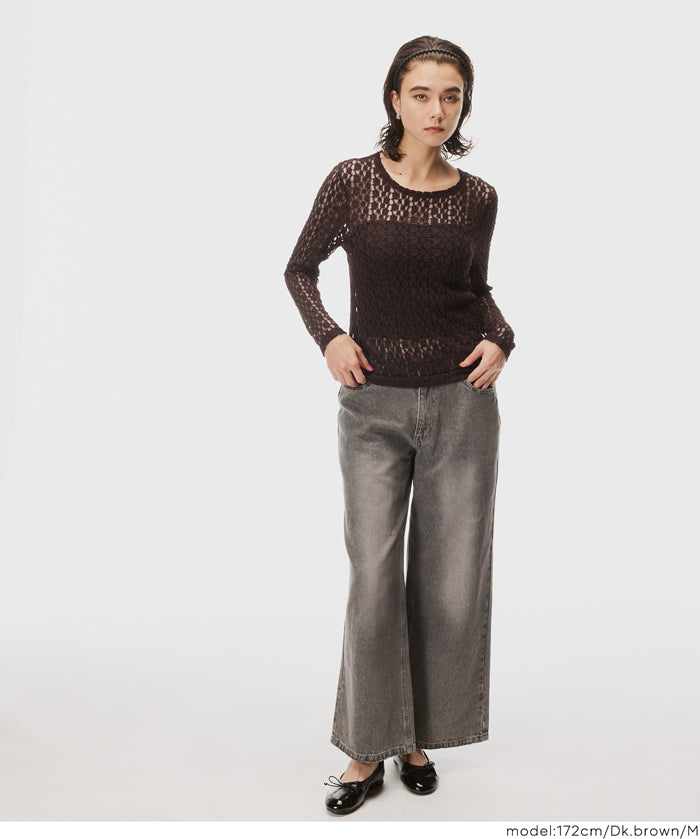 Elastic Floral Lace Sheer Long Sleeve Top