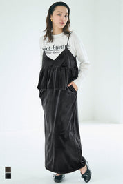 絨布細肩荷葉拼接連身裙