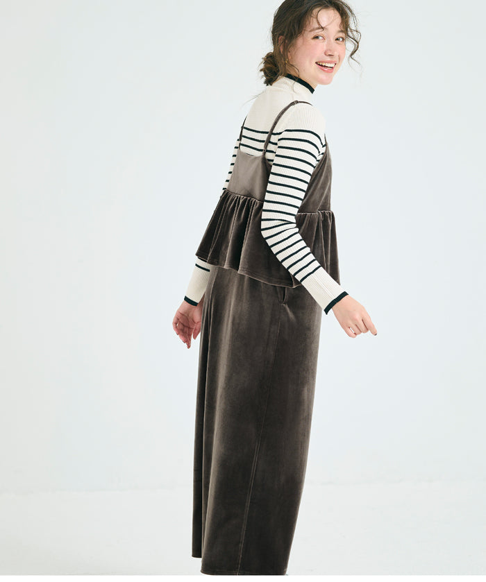 絨布細肩荷葉拼接連身裙