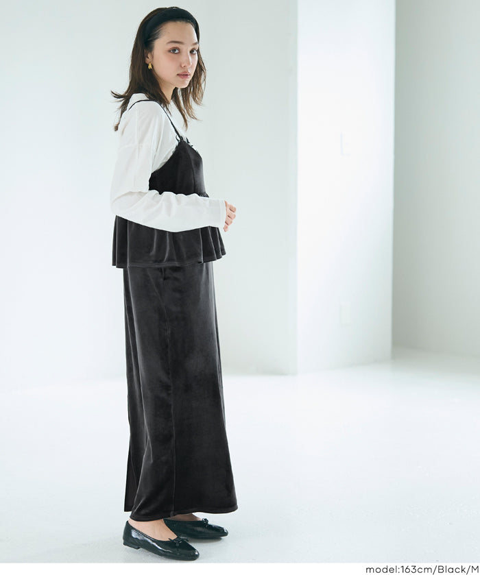 絨布細肩荷葉拼接連身裙