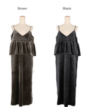 絨布細肩荷葉拼接連身裙