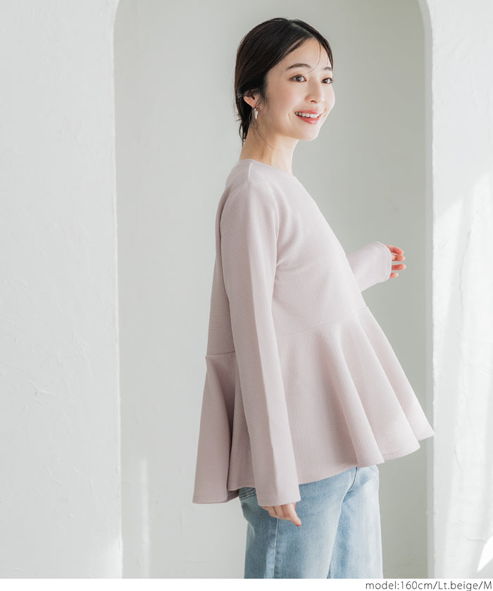 Embossed flared hem long sleeve top