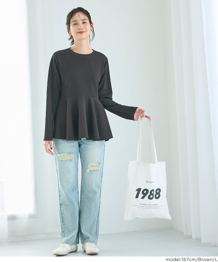 Embossed flared hem long sleeve top