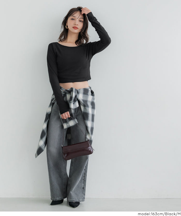 基礎短版2way領口螺紋長袖上衣