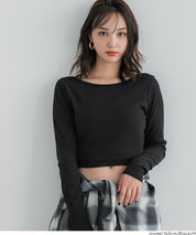 基礎短版2way領口螺紋長袖上衣