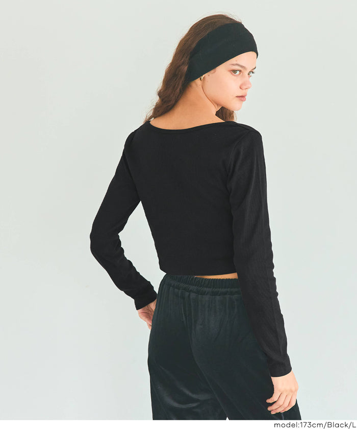 基礎短版2way領口螺紋長袖上衣