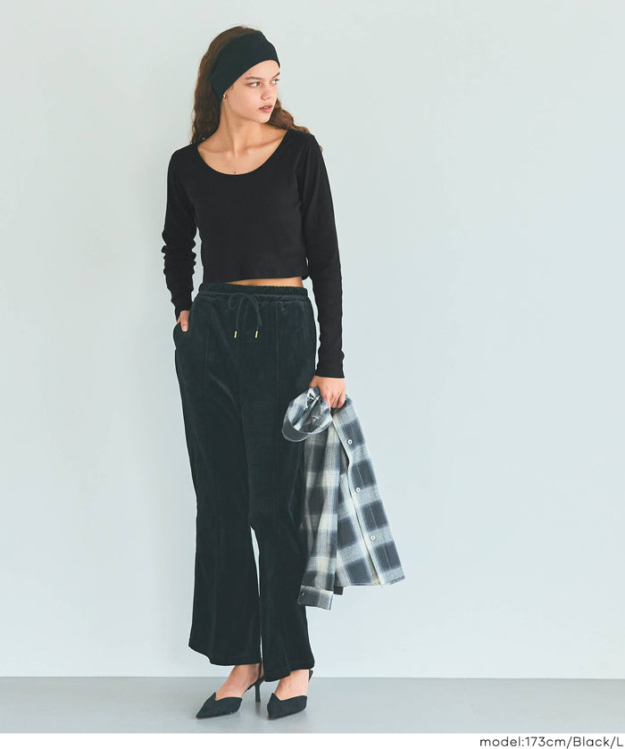 基礎短版2way領口螺紋長袖上衣