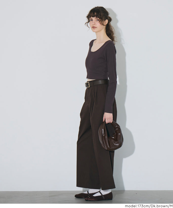 基礎短版2way領口螺紋長袖上衣