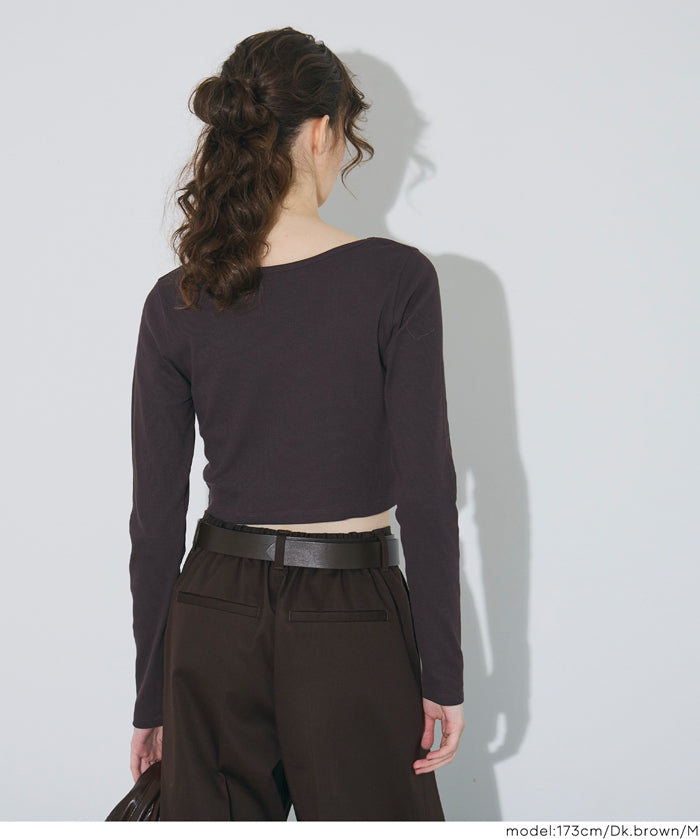 基礎短版2way領口螺紋長袖上衣