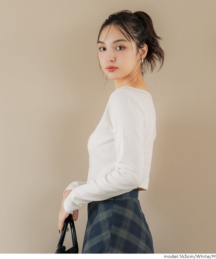 基礎短版2way領口螺紋長袖上衣