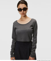 基礎短版2way領口螺紋長袖上衣