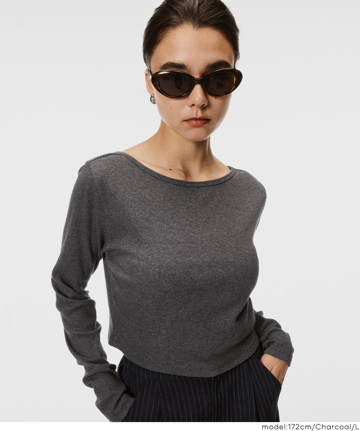 基礎短版2way領口螺紋長袖上衣