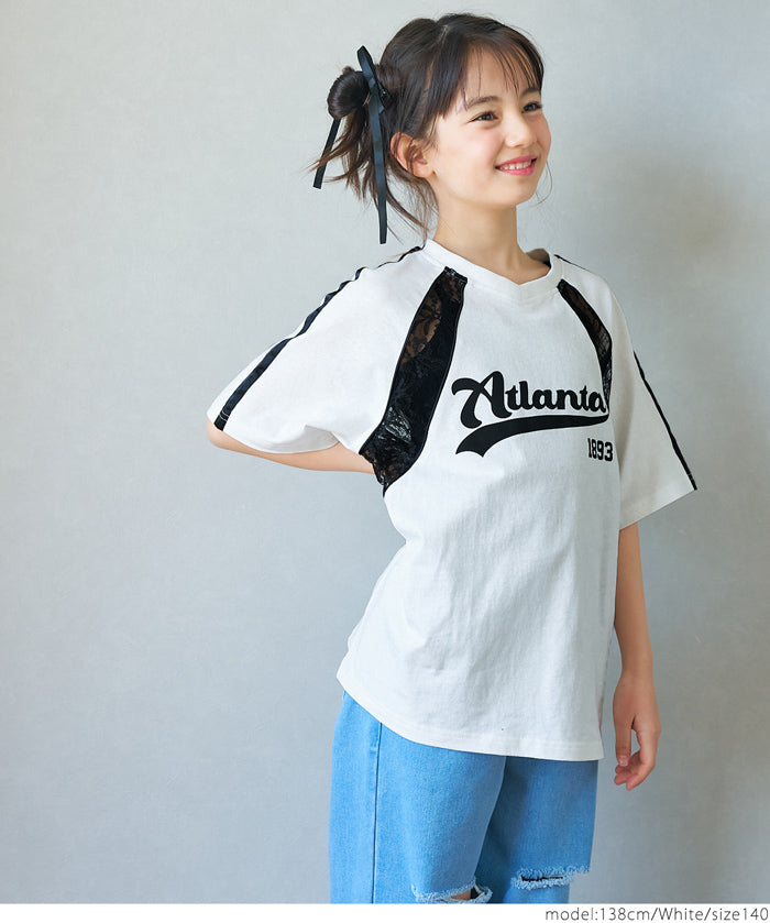 Children's lace panel sports style short-sleeved top