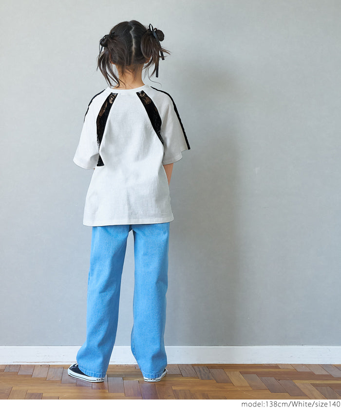 Children's lace panel sports style short-sleeved top