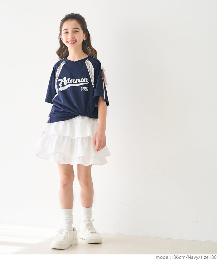 Children's lace panel sports style short-sleeved top