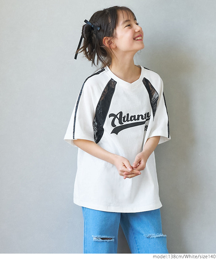 Children's lace panel sports style short-sleeved top