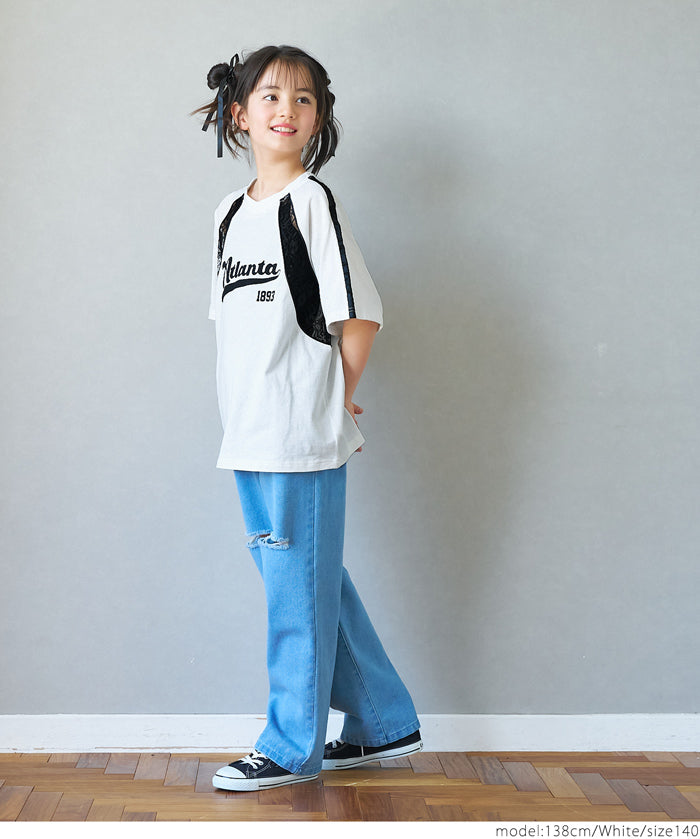 Children's lace panel sports style short-sleeved top