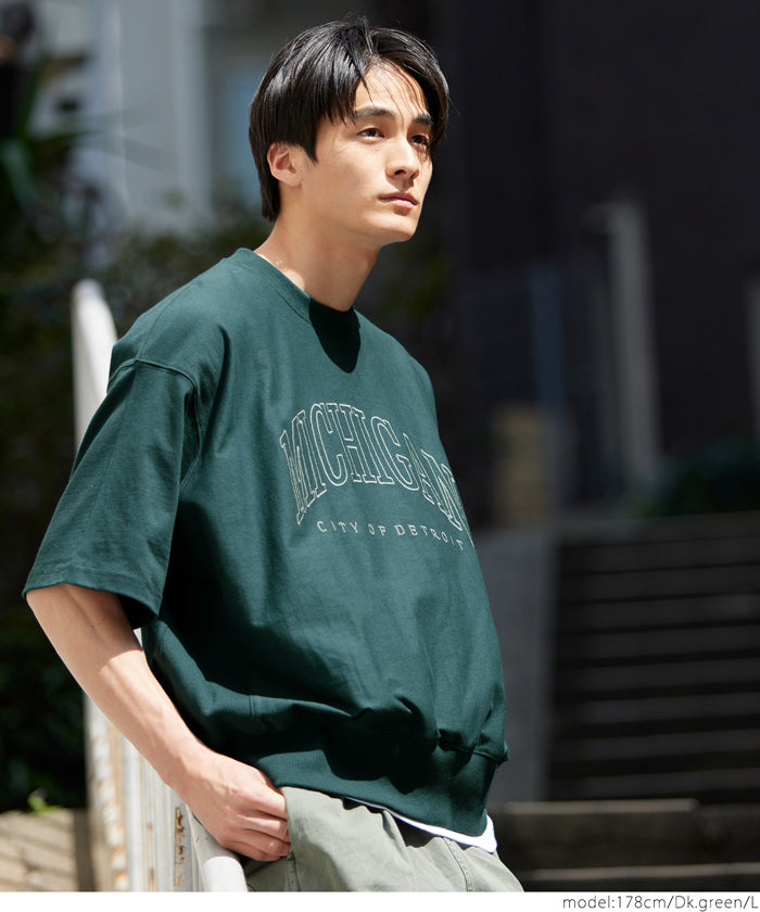 Men's round neck short-sleeved sweatshirt with English words embroidery