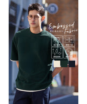 【Embossed function】Men's fake two-piece layered round neck top
