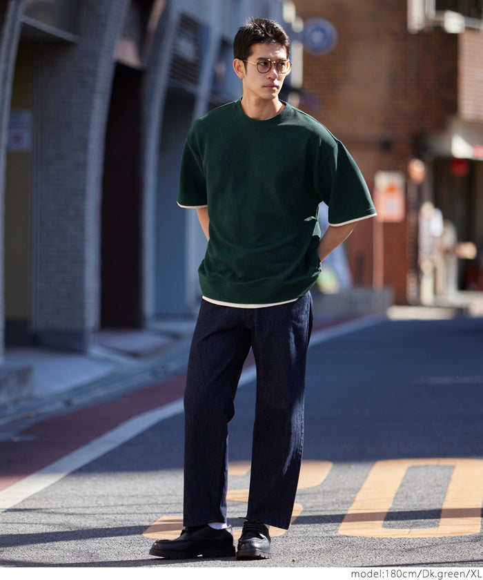 【Embossed function】Men's fake two-piece layered round neck top