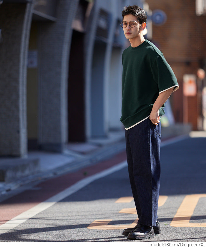 【Embossed function】Men's fake two-piece layered round neck top