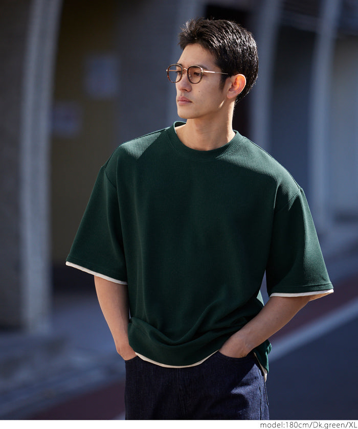 【Embossed function】Men's fake two-piece layered round neck top