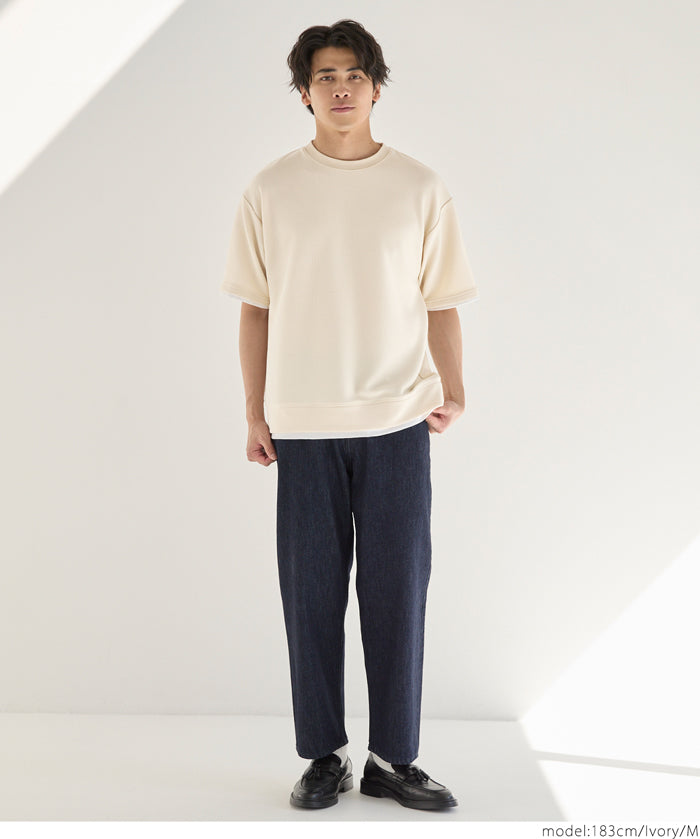 【Embossed function】Men's fake two-piece layered round neck top