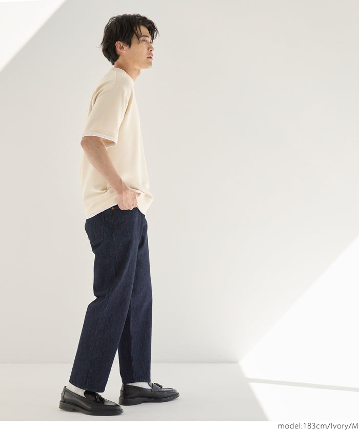 【Embossed function】Men's fake two-piece layered round neck top