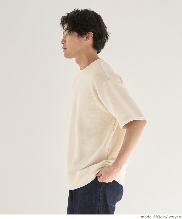 【Embossed function】Men's fake two-piece layered round neck top