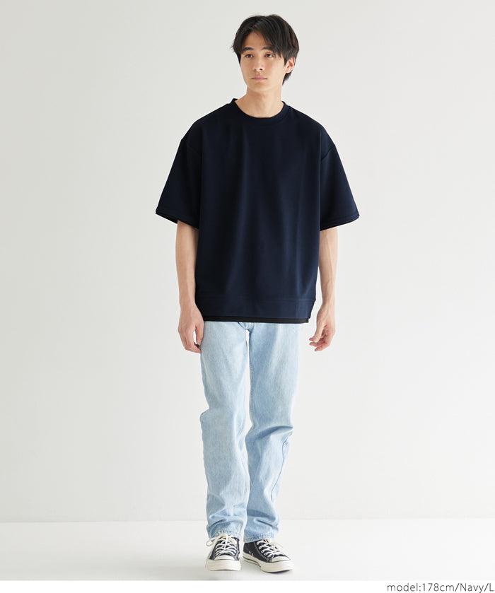 【Embossed function】Men's fake two-piece layered round neck top