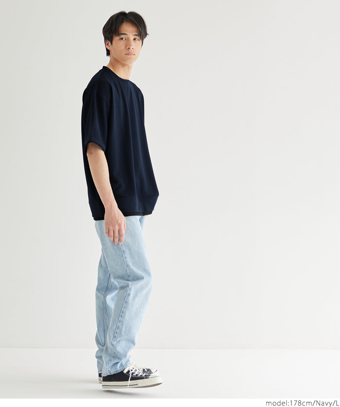 【Embossed function】Men's fake two-piece layered round neck top
