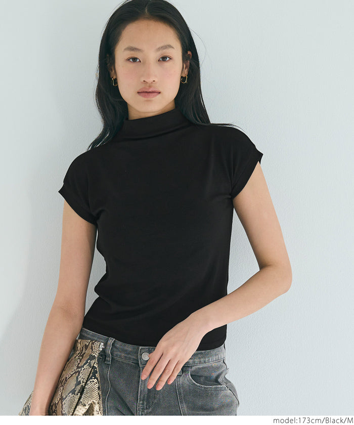 Mock Neck Slim Fit Knit French Sleeve Top