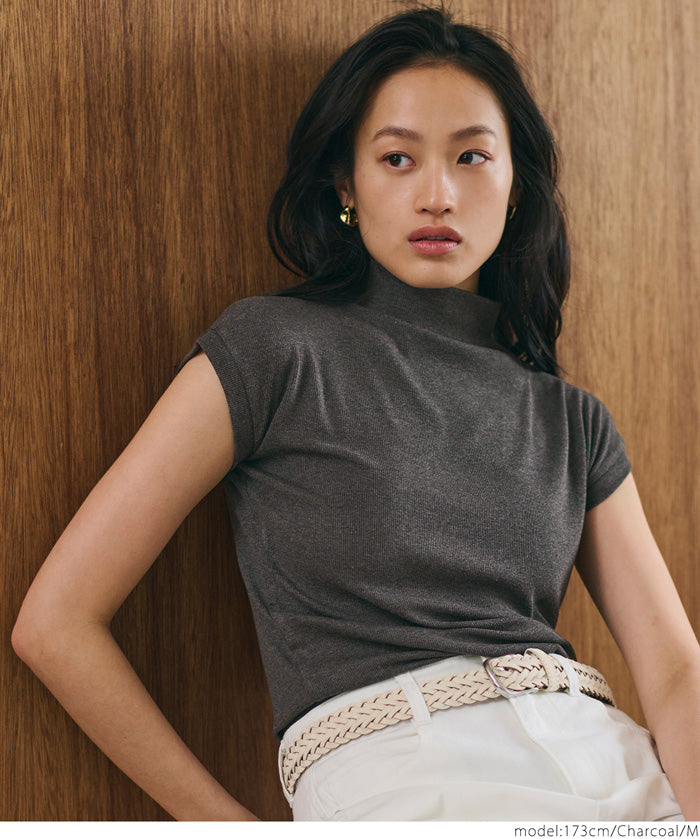 Mock Neck Slim Fit Knit French Sleeve Top