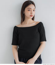 "Featured" One-shoulder ribbed solid color short-sleeved T-shirt