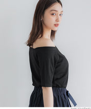 "Featured" One-shoulder ribbed solid color short-sleeved T-shirt