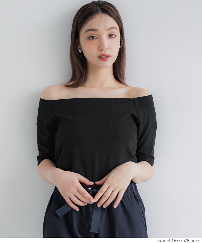 "Featured" One-shoulder ribbed solid color short-sleeved T-shirt