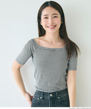 "Featured" One-shoulder ribbed solid color short-sleeved T-shirt