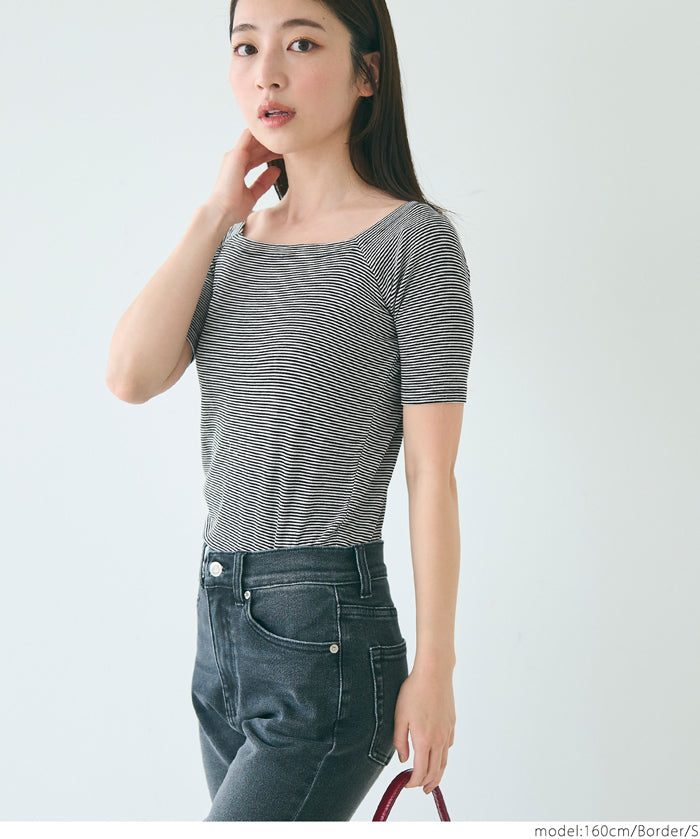 "Featured" One-shoulder ribbed solid color short-sleeved T-shirt