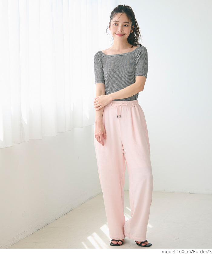 "Featured" One-shoulder ribbed solid color short-sleeved T-shirt