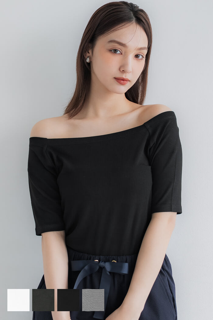 "Featured" One-shoulder ribbed solid color short-sleeved T-shirt