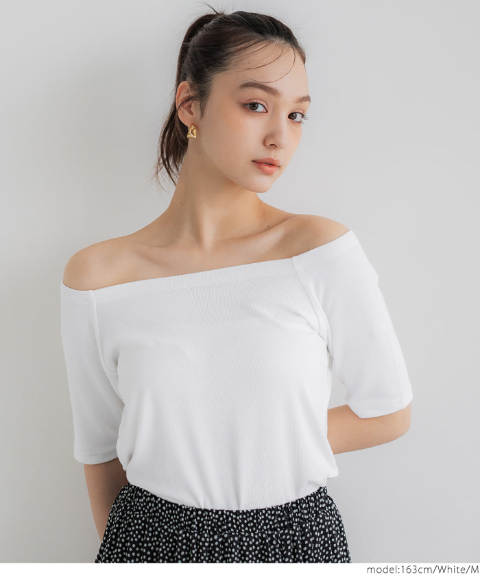 "Featured" One-shoulder ribbed solid color short-sleeved T-shirt