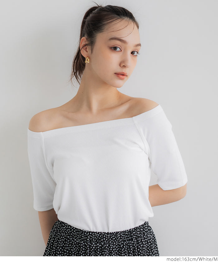 "Featured" One-shoulder ribbed solid color short-sleeved T-shirt